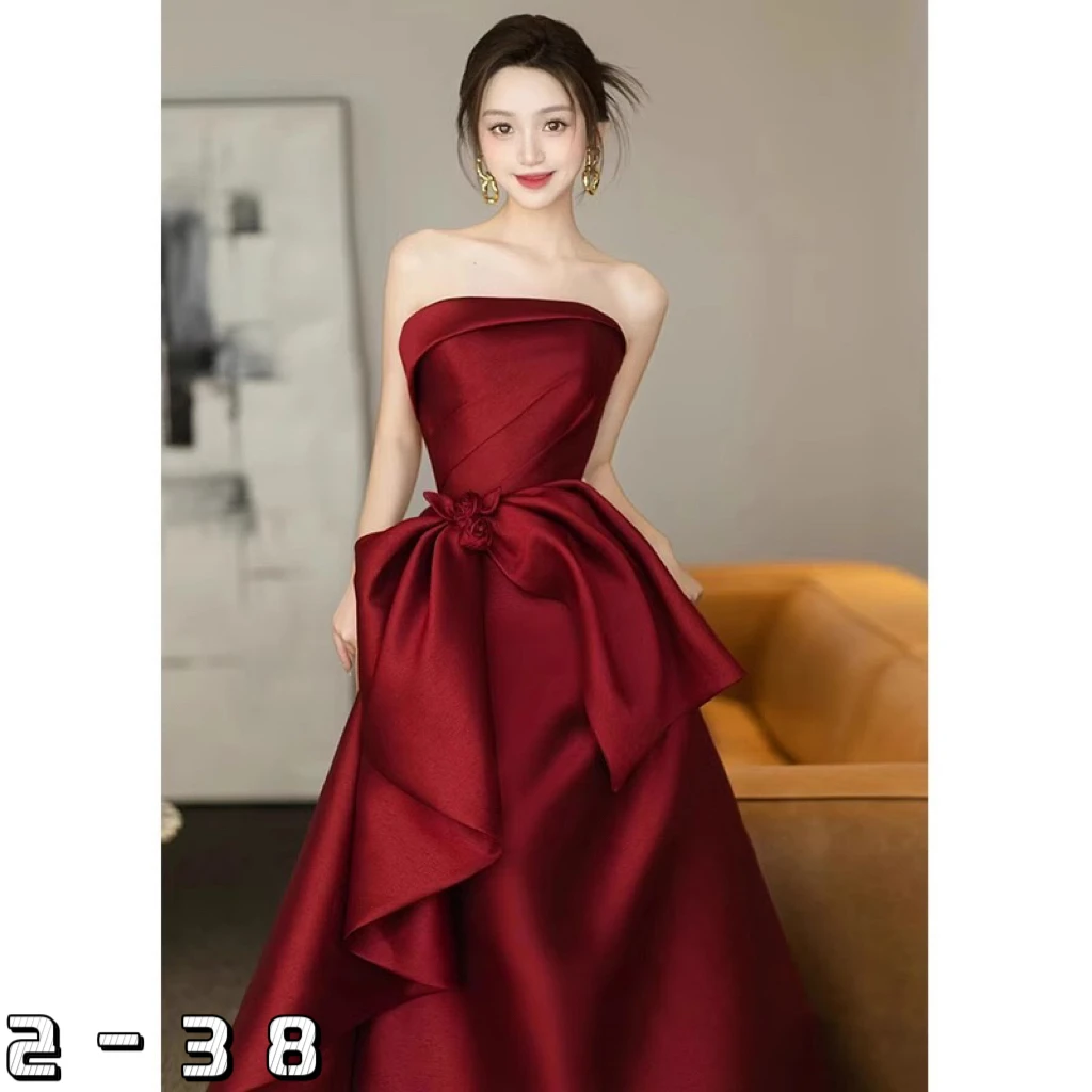 

Wine red toast dress bride engagement evening dress petite wedding homecoming satin female