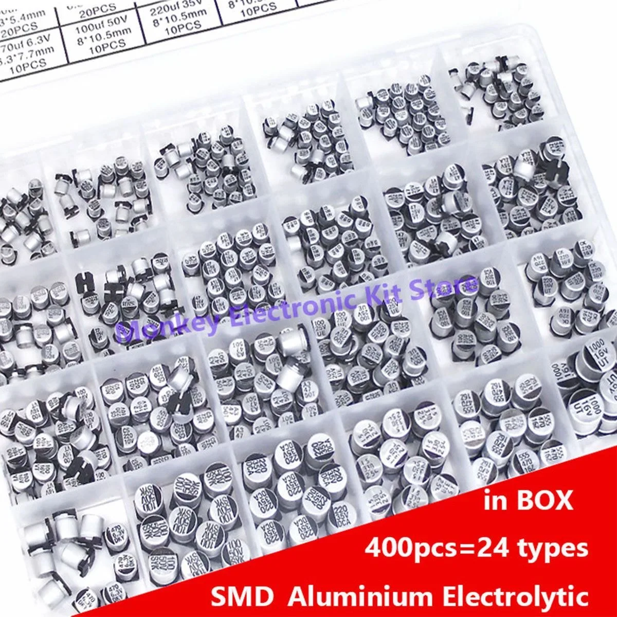 400PCS 24 Values Capacitor Kit Aluminum Electrolytic SMD  condensadores Electrolíticos 1uF~1000uF 6.3V-50V 24Value with box Kit