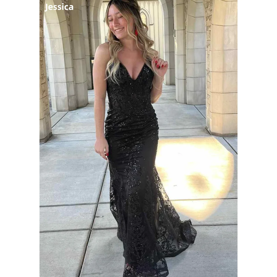 

Jessica Black Spaghetti Straps Evening Dresses Glitter Tulle Embroidery Prom Dresses Women Wedding Party Dresses Customized