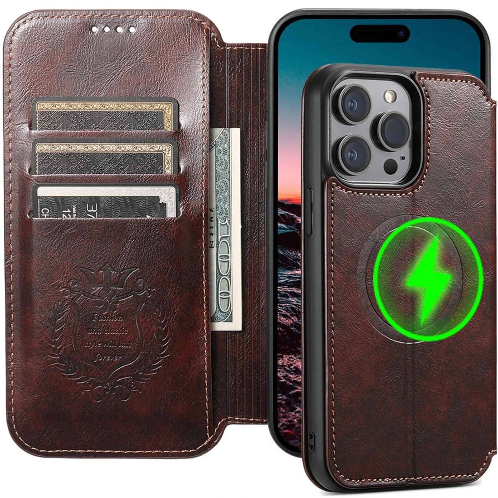 Etui portfel ze skóry premium Slim Fit do iPhone 18 Pro Max 17 14 12 13 15 16 Pro Max Plus z magnetycznym bezprzewodowym ładowaniem i klapką. — zdjęcie produktu 7