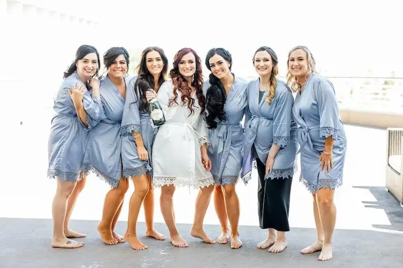 Dusty Blue Robes Personalized Lace Trim Satin Robe Silky Bridesmaid Robes Wedding Bridesmaid Gift Bridal Party Robes Satin Robes