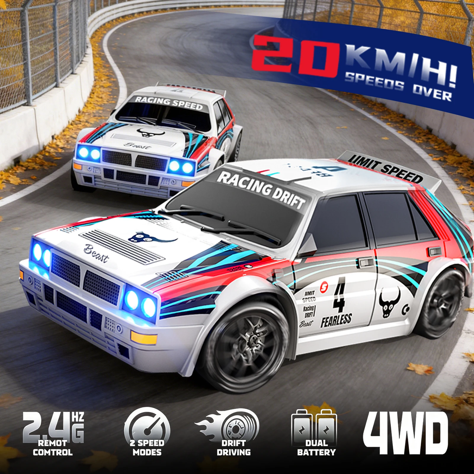 ZNLYRION 204PRO Voiture RC de drift 4x4 à l'échelle 1:24, vitesse maximale de 20 km/h, télécommande 2.4G, voiture de course avec éclairage LED, 2 modes de vitesse, pneus remplaçables, véhicule tout-terrain, jouet cadeau pour enfants et adultes