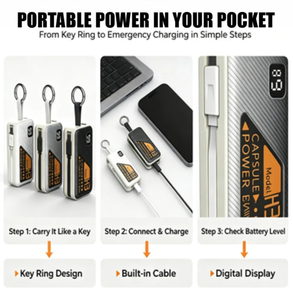 Power bank a capsula da 5000 mAh, mini power bank portatile con display digitale e cavo integrato, batteria esterna con ricarica rapida USB-C e per iPhone, dotata di gancio in metallo per il