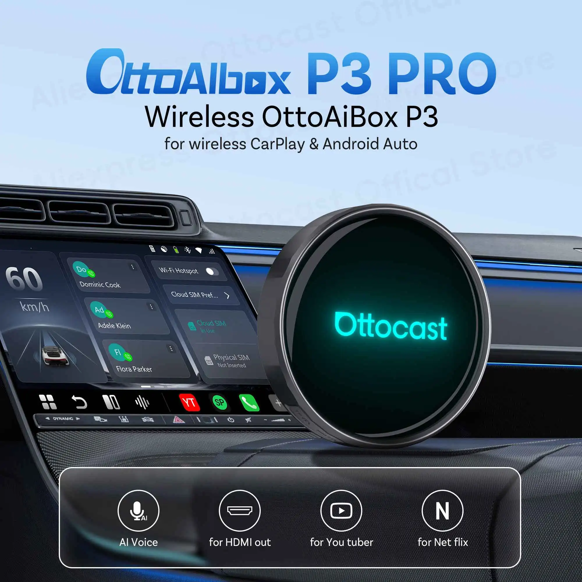 OTTOCAST P3 PRO Wired to Wireless CarPlay Android Auto AI Box for 