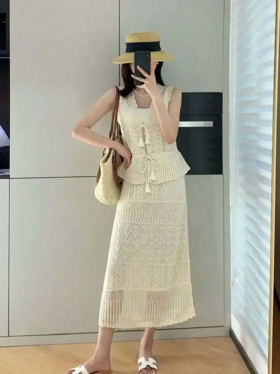 Terno de malha de crochê de cor sólida feminino casual elegante