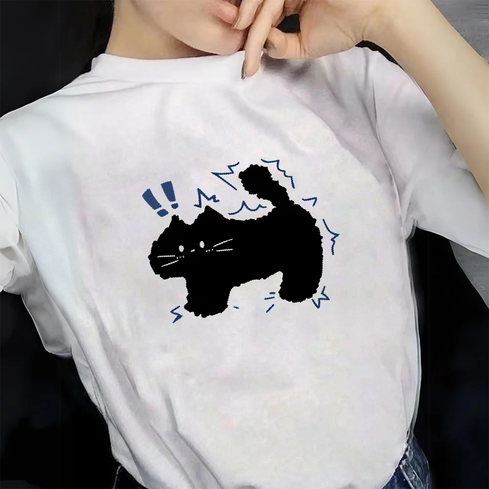 

Korean Style Womens T-Shirts Fashion Black Cat Cartoons Printing Graphic Tees Summer Comfortable Soft O-Neck Loose Short Sleeve