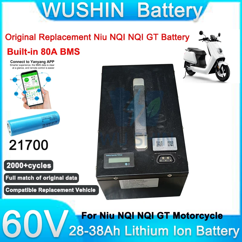 60V 28Ah 32Ah 38Ah 21700 Lithium Battery Pack for NIU NQi NQi GT Scooter Electric Motorcycle Replacement Battery with Smart BMS