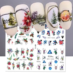 4 In 1 Xmas Flower Nail Stickers Snowflake Cartoon Bird Santa Penguin Elk Winter Decals Slider New Year Decor Manicure SAI44-49