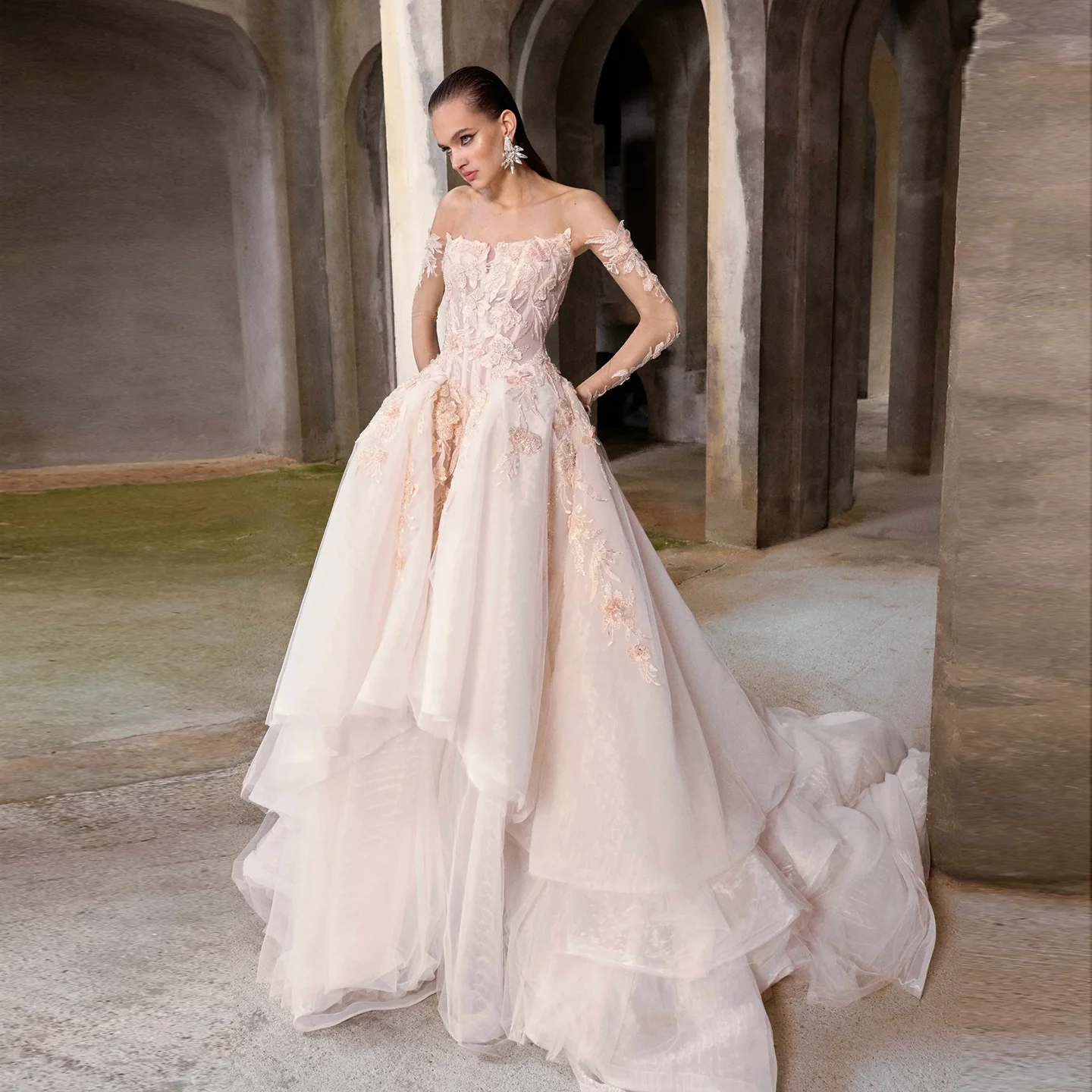 

Sharon Said Romantic 3D Flowers A-Line Tulle Wedding Dresses 2025 Elegant Long Sleeve Strapless Bridal Gowns SW327 Customized