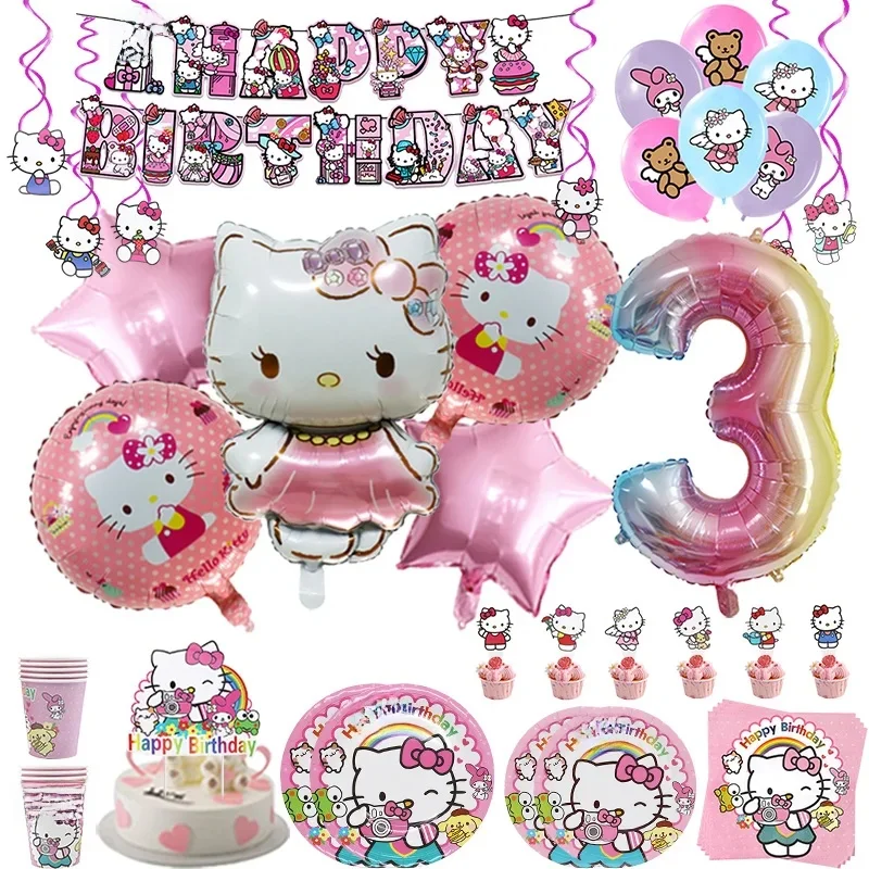 Décoration de fête d'anniversaire Hello Kitty, ballon en Film d'aluminium en Latex, jouet cadeau, combinaison gratuite, assiette de tasse, vaisselle jetable