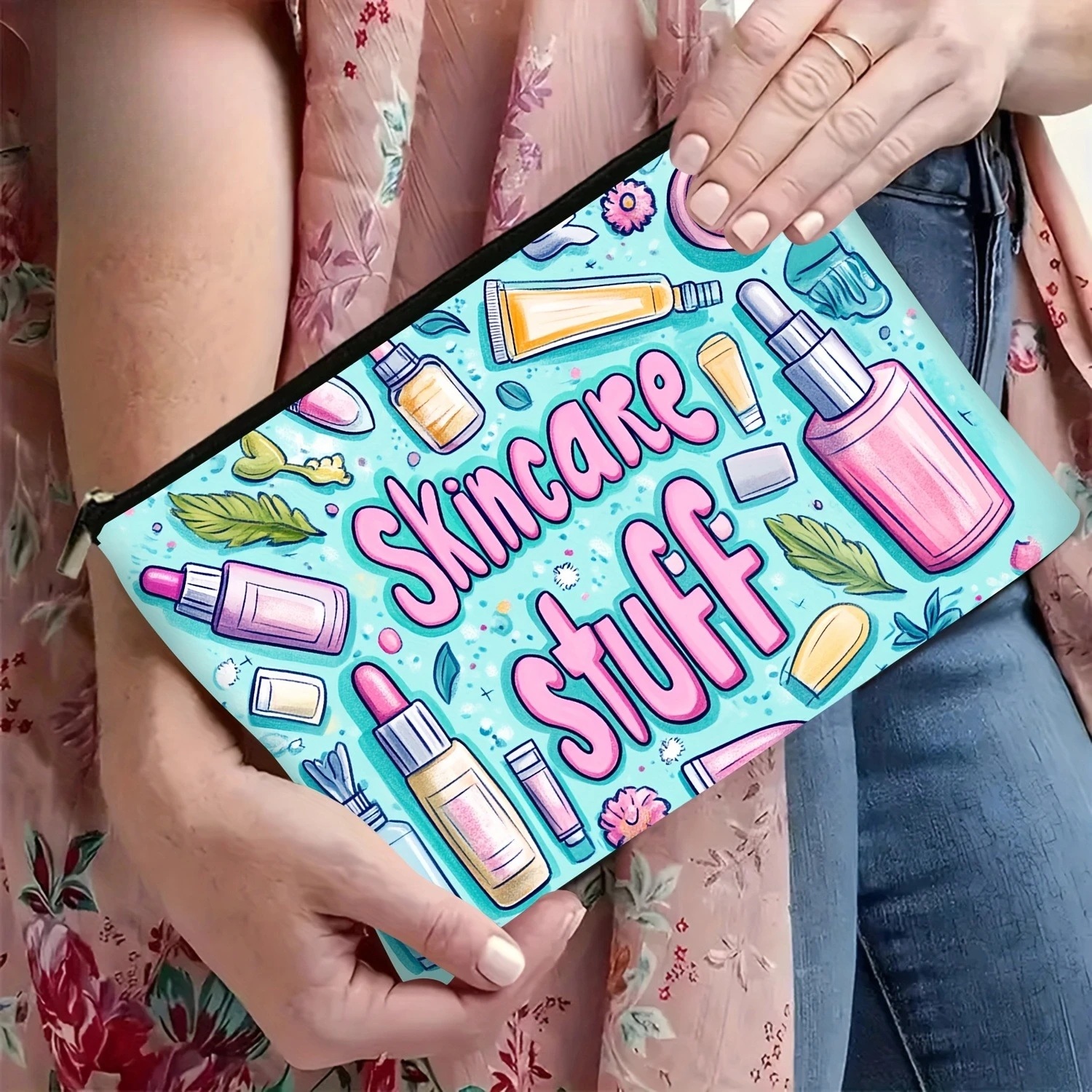 1Pc Skincare Essential, Retro Design Multifunctional Travel Makeup Bag, Snack Storage Bag, Stationery Storage Bag, Fashionable Toiletry Bag, Canvas Double-Sided Printed Zipper Pouch