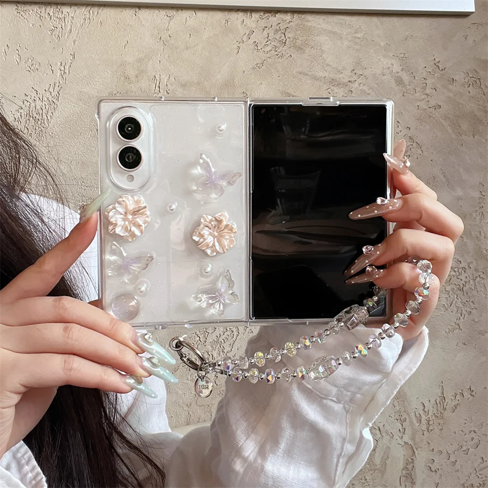 Korean New Cute 3D Butterfly Flower Phone Case for Samsung Galaxy Z Fold 8 Fold 8 Cover With Chain Fashion Anti-vibration Cover