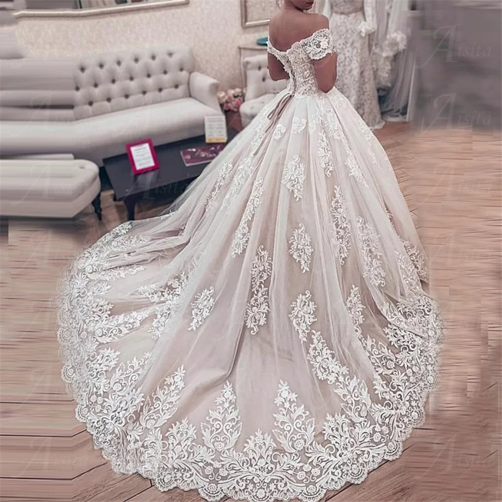 Elegant Ball Gown Lace Appliques Wedding Dress 2024 Romantic Court Train Bride Gowns Grace Off The Shoulder Robe De Mariée