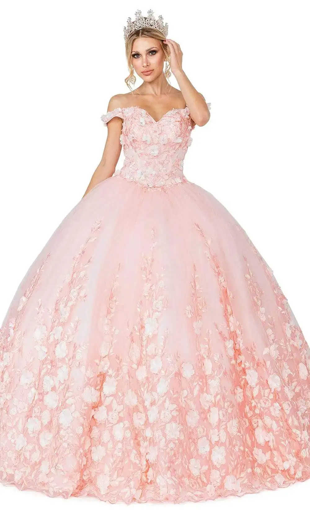 CloverBridal-Volume Quinceanera Vestidos, Apliques Floral 3D, Tailor Made Grátis, Dancing Queen, Fora Do Ombro, Blush, WQ9718