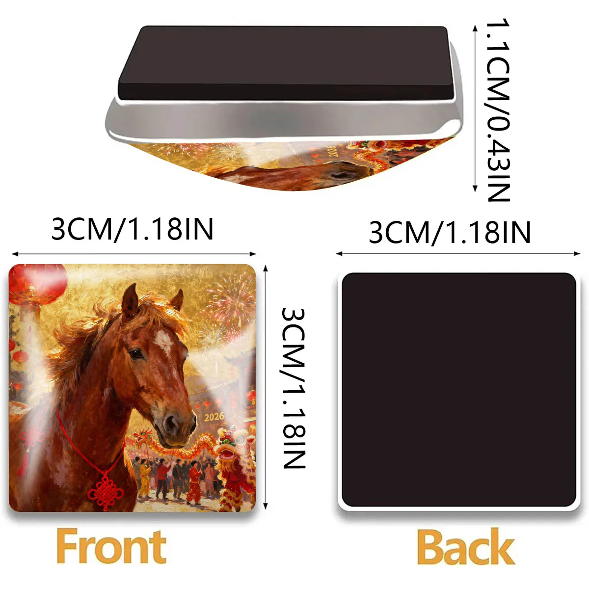 12Pcs 30Mm Square Glass Fridge Magnets Chinese New Year Horse Art Prints Ink Wash Oil Designs For Locker Refrigerator Magnets