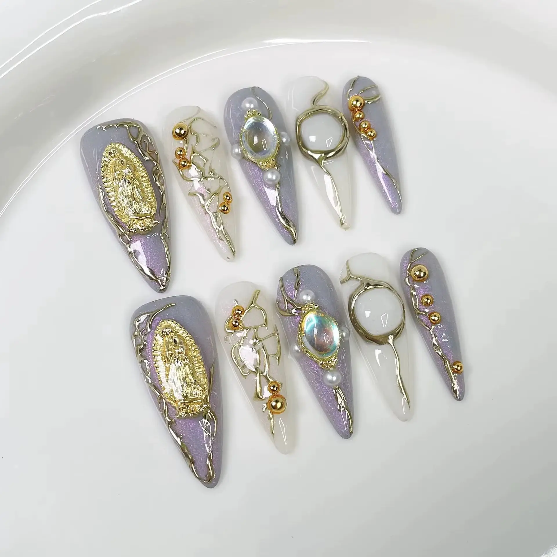 10 قطعة الأزرق العميق أورورا المعادن القط العين تصميم الأظافر وهمية الفن نقطة طويلة الحلو كول يمكن ارتداؤها الفرنسية مانيكير الساخن فتاة الانتهاء من الأظافر #2