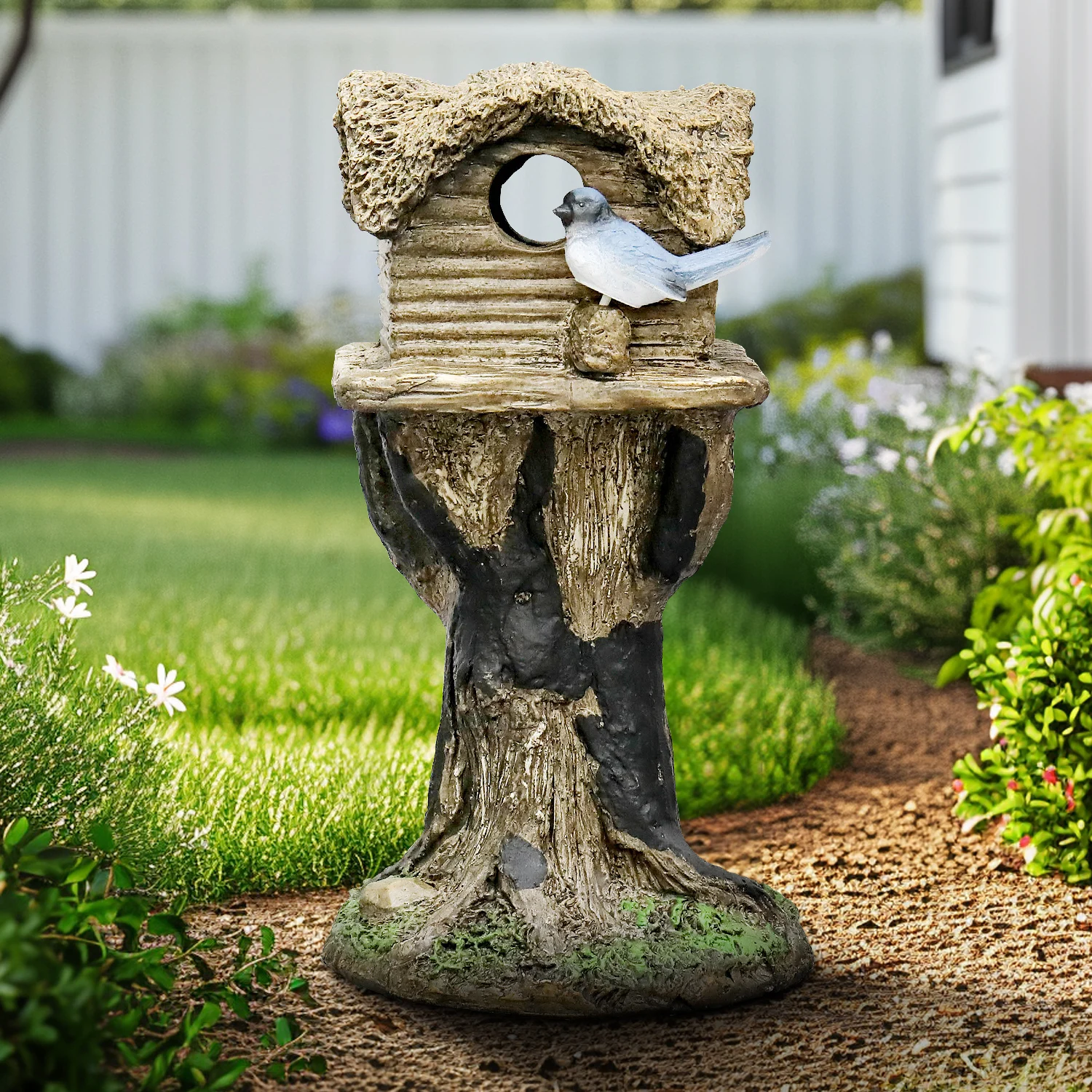 Naturefalls Outdoor Bird Statue in Tree Trunk, High Fiber Concrete, Stylish Decoration for GardenPatio and Lawn, 17.7 ‘’H, Brown