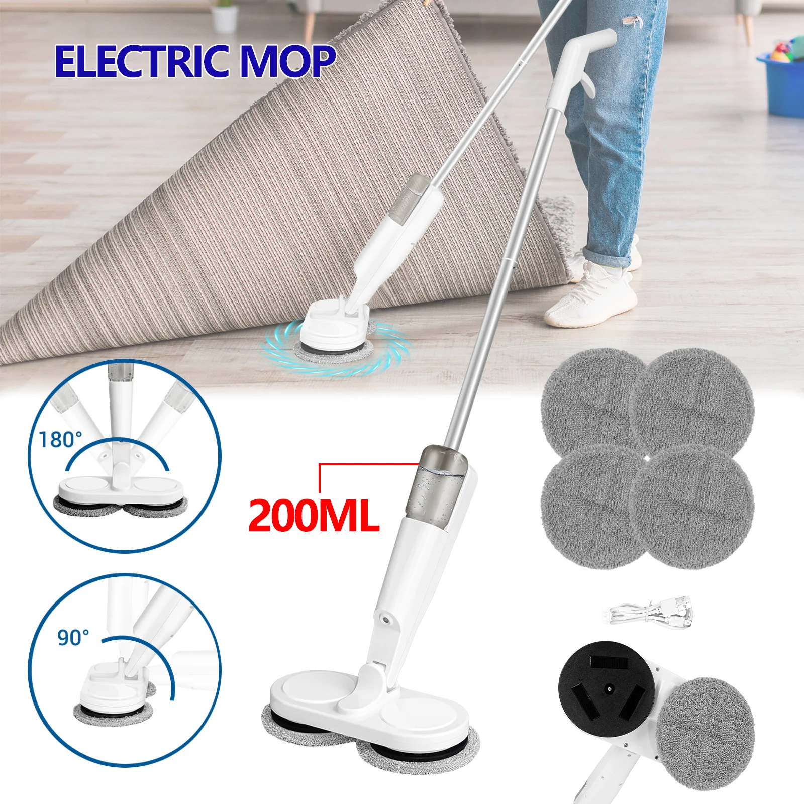 Serpillère électrique sans fil à double tête rotative, batterie au lithium rechargeable, serpillère pour le nettoyage des sols en bois dur, carrelage, marbre, pour la maison