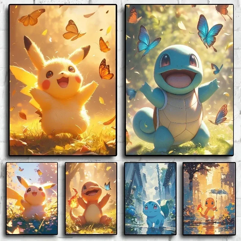Figurines d'anime Hd Charizard Bulbasaur Squirtle Charmander, affiche artistique, peinture sur toile, décoration murale pour la maison