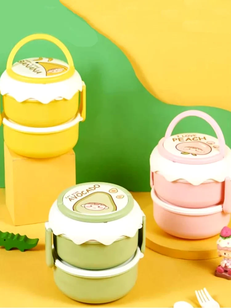 Lonchera Infantil con Cubiertos y 2 Niveles, Caja de Almuerzo Escolar Diseño de Aguacate, Tupper de Alta Capacidad para Niños