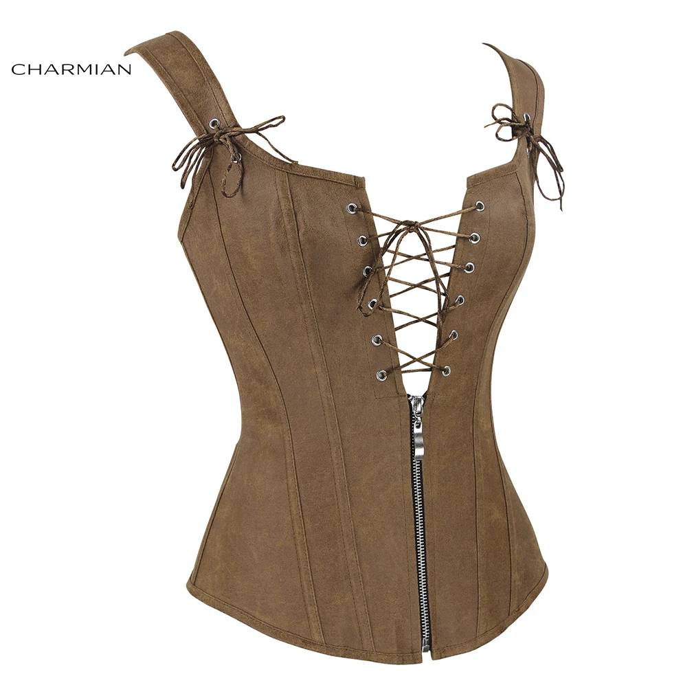 Charmian Women Renaissance Corset Sexy Vintage Plus Size Leather Zipper Brown Corset Bustier Top With Garters Steampunk Clothing