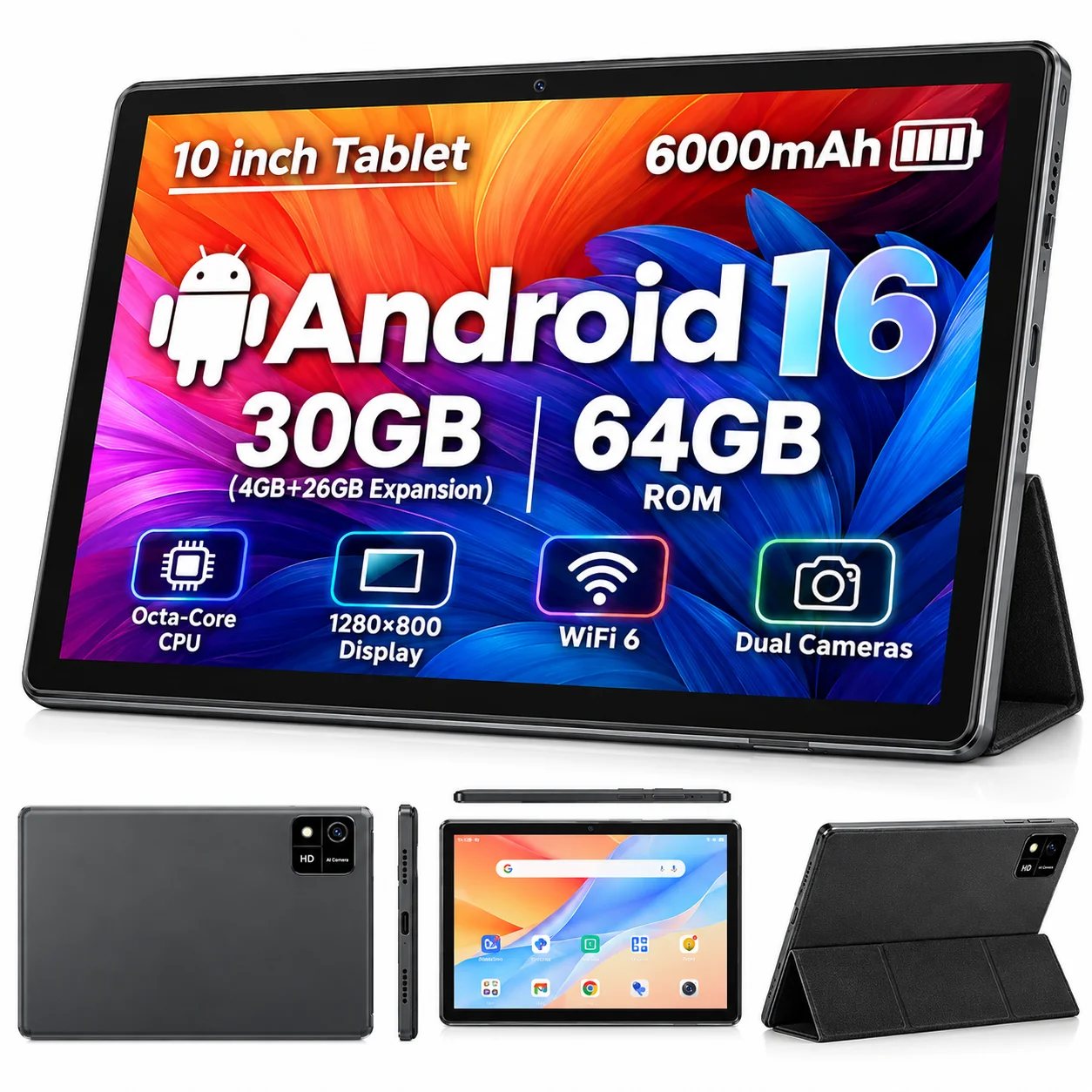 COLORROOM10 Inch Android 16 Tablet, 30GB RAM 128GB ROM, WiFi 6, Octa Core, HD Display, Dual Camera, 6000mAh，Tablet PC