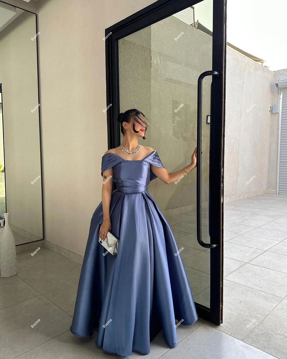 Booma A-Line Simple Evening Dresses Off Shoulder Pleats Crystal Satin Formal Party Gowns for Women Floor Length Prom Dresses