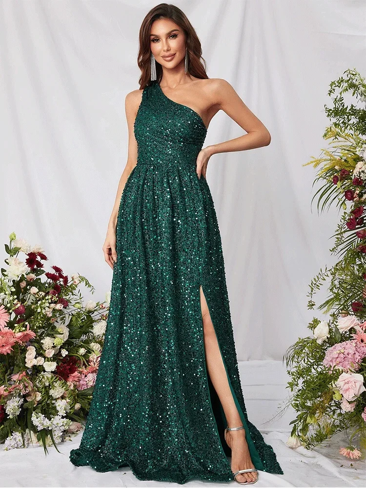 Un hombro verde oscuro fuera del hombro lentejuelas brillante hasta el suelo vestido de noche señoras brillante hasta el suelo vestido de fiesta