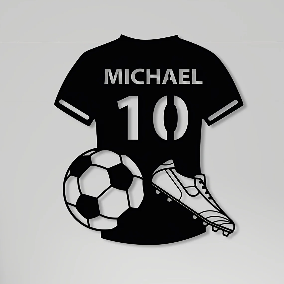 Personalized Football Player Metal Sign - Custom Name & Number Soccer Jersey Design with Soccer Ball & Cleats Art Athlete Theme
