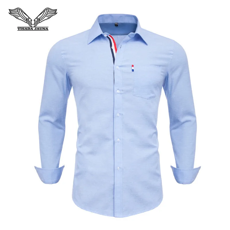 

VISADA JAUNA 2019 Men Shirt Long Sleeve 100% Cotton Fashion Turn-Down Collar Dress Solid Casual Shirt Men Social Camisas N5130