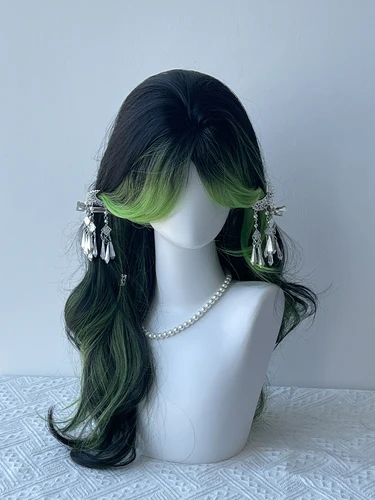 Imagen 2 del producto AOSI-pelucas de Cosplay rizadas de onda larga para mujer, color negro y verde, pelucas sintéticas resistentes al calor, parte media, pelucas naturales de Lolita
