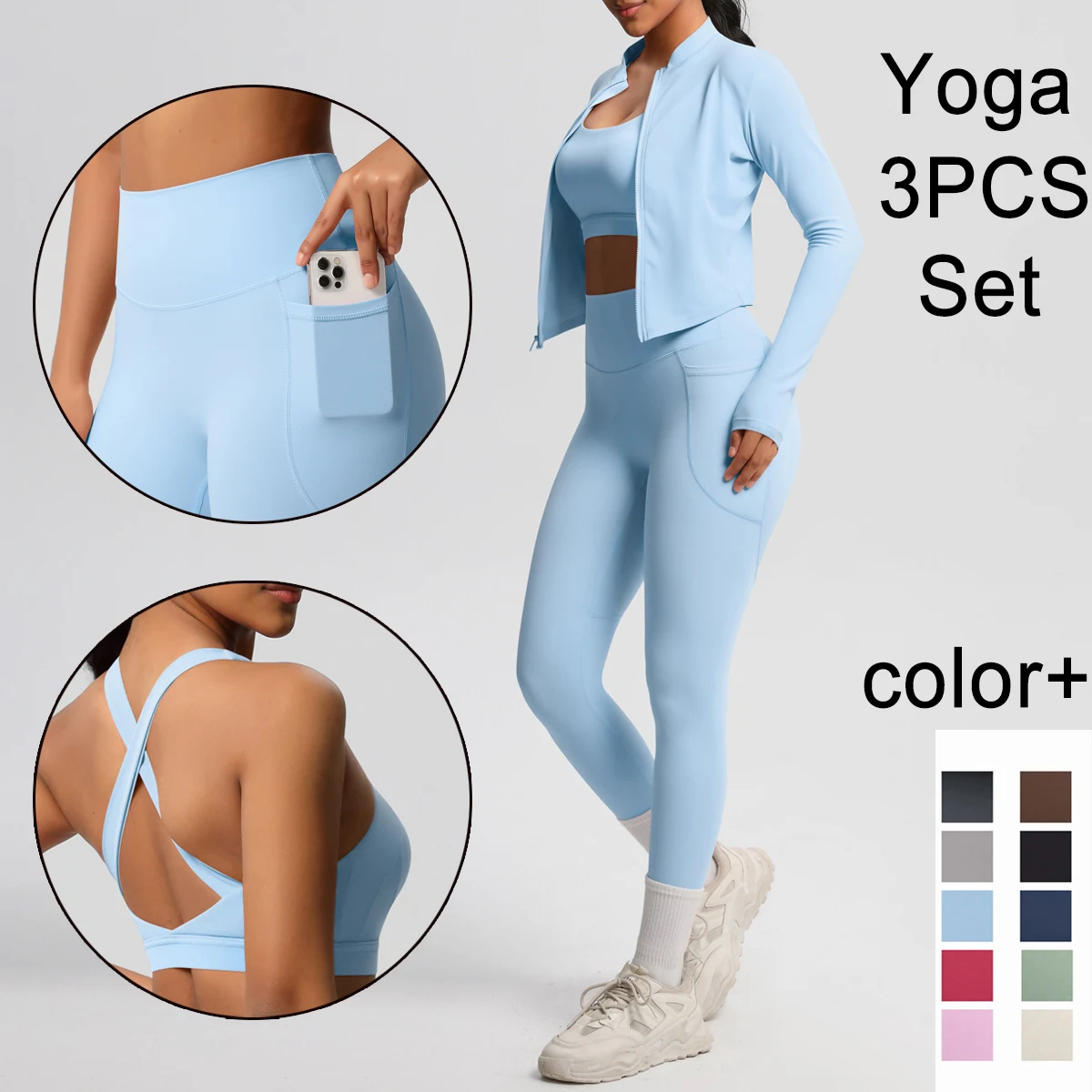 

Yoga Three Piece Set Backless Sports Bra Zipper Jacket Yoga Shorts with Pockets Running Cycling Gym Workout Solid Color Yoga Set