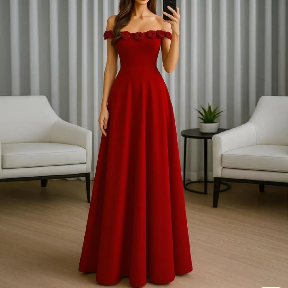 

Customized Boat Neck A-Line Prom Gown Simple Off The Shoulder Backless Draped Flowers bridesmaid dress Long Birthday party dress