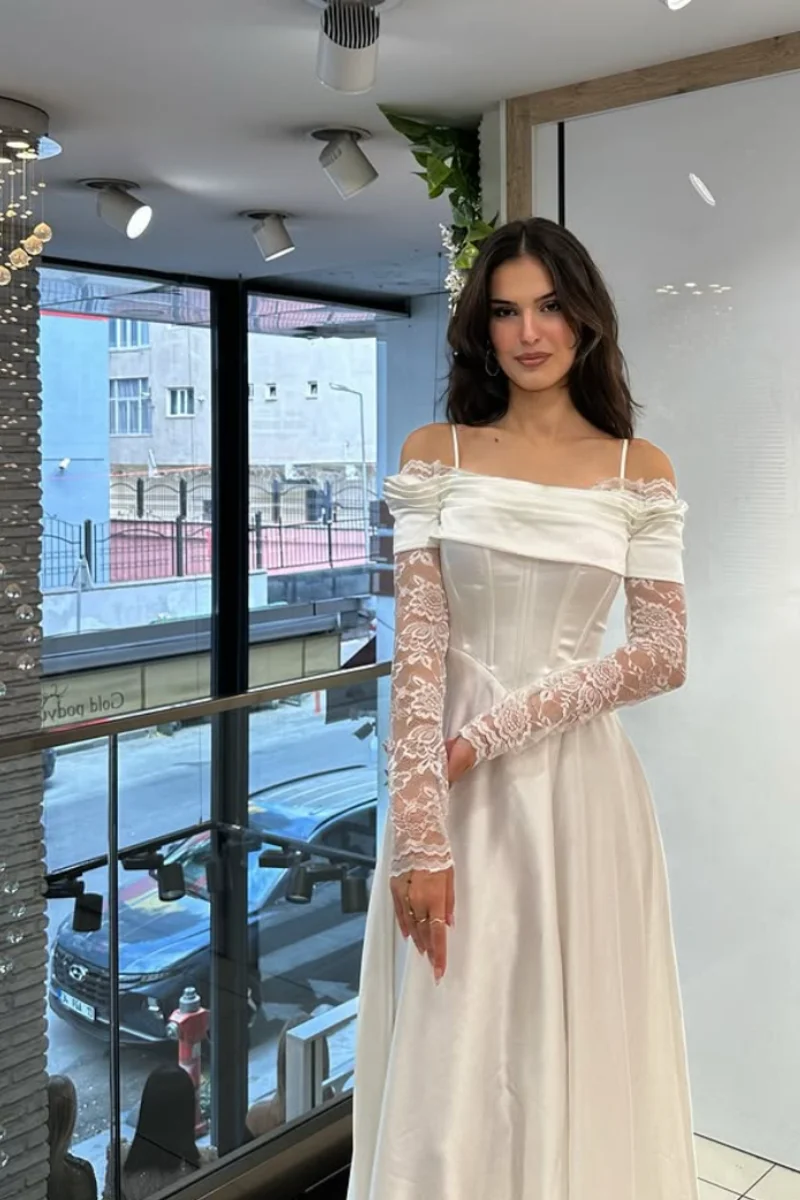 Jessica Occasioni formali Abiti da sera Maniche lunghe in pizzo Abiti da ballo A-line in raso da donna Abiti da gala personalizzati