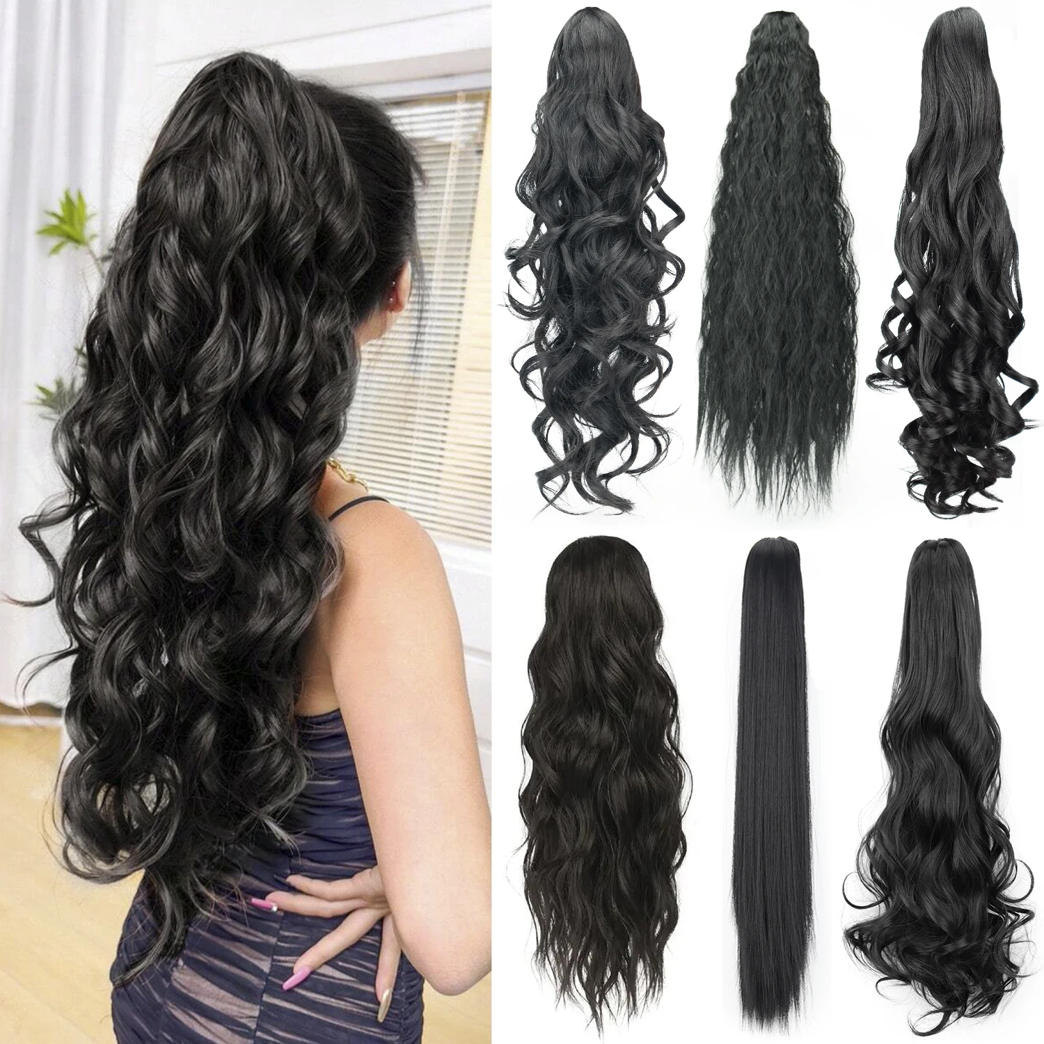 

Synthetic Claw Clip On Long Curly Fluffy Messy Ponytail Black Brown Blonde Ponytail Hair Extensions For Women Daily Party