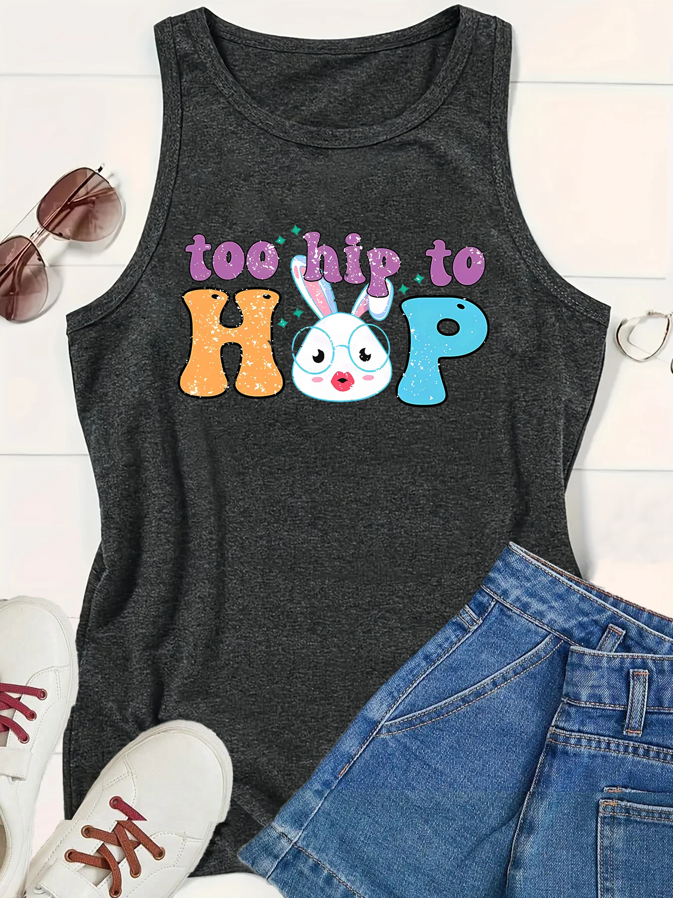 Too Hip To Hop Cute  Cat Baby Letter Women's Safety Tank Top Loose O Neck Sleeveless Casual Tank Top Wome