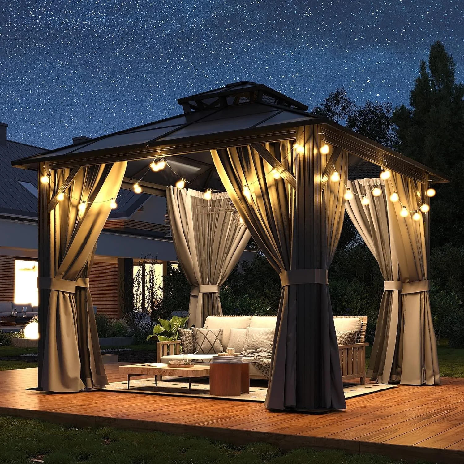 Nordivale 10x10FT Hardtop Gazebo Polycarbonate Double Top Aluminum Frame with Curtains and Netting Outdoor Sunshade Canopy for Patio Garden Backyard Gray view 5