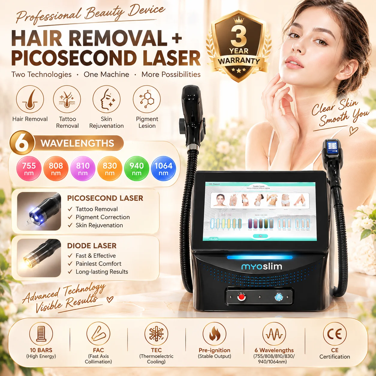 2IN1 7000W FAC Diode Laser Hair Removal Machine Pico Q-switched ND YAG Tattoo Removal 6 Waves 808nm Portable Beauty Salon Machin