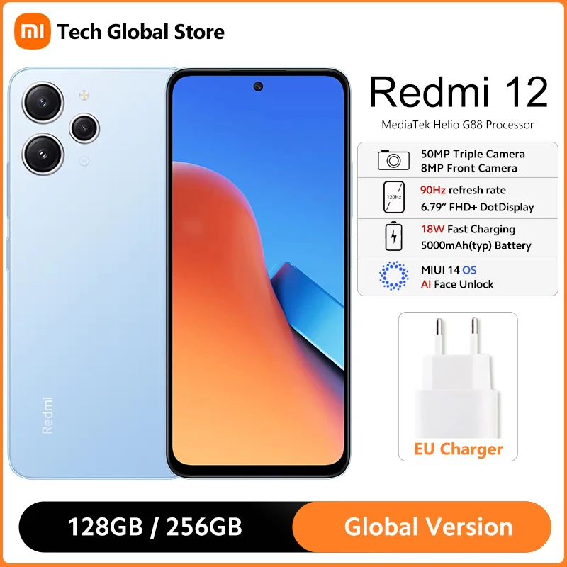 Xiaomi-Redmi 12 MediaTek Helio G88 Versão Global, Câmera tripla de 50MP AI, Bateria 5000mAh, Tela 90Hz FHD +, IP53 Impermeável, 6.79