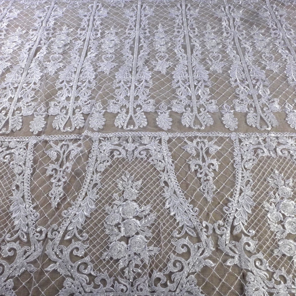 

HelluyerDc White,black special patterns beaded lace fabric, embroidery for bridal prom dress fabric flowers,chainnet easy to cut