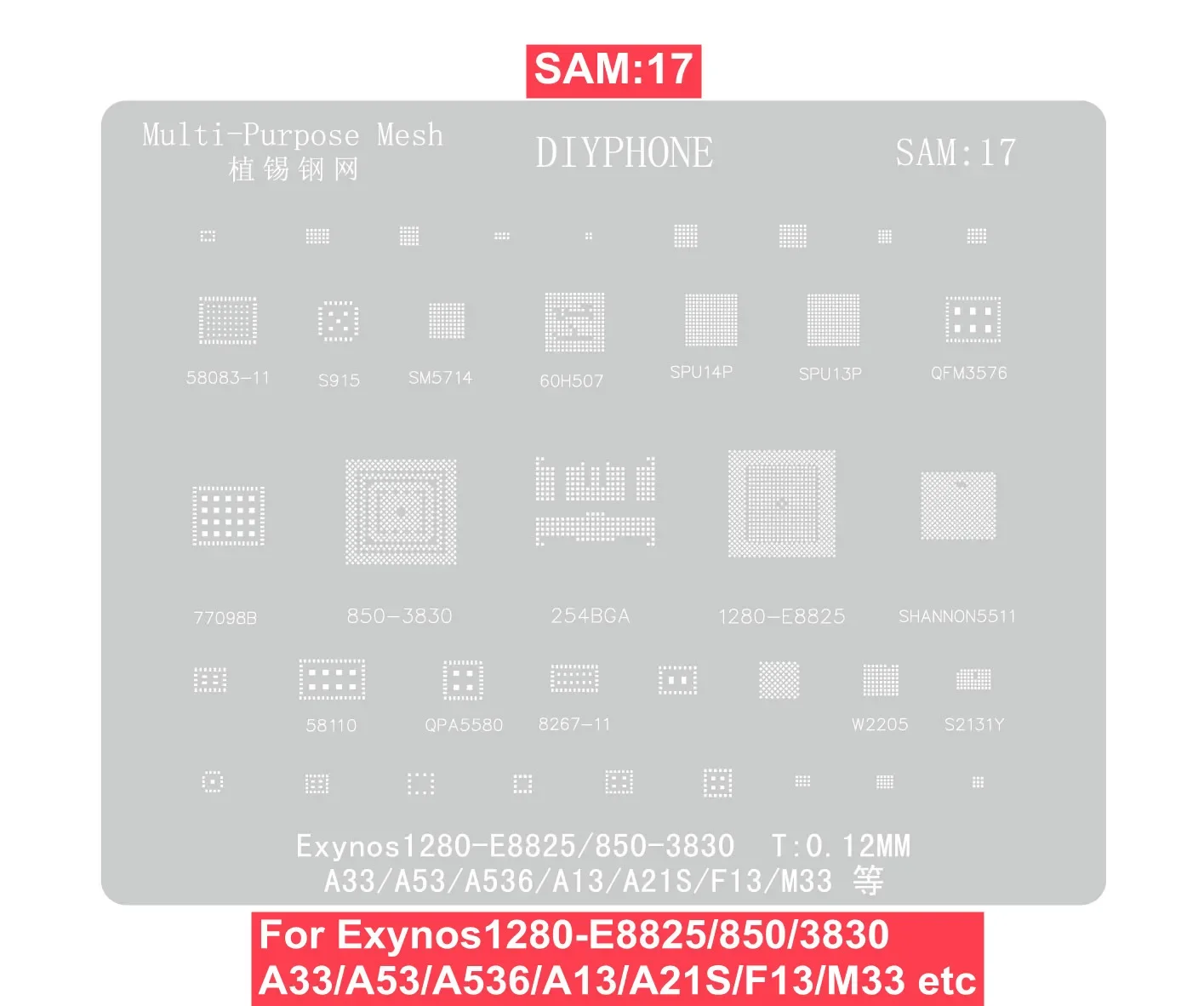 PHONEFIX BGA Reballing Stencil SAM1-17 For Samsung A /C full range Exynos CPU IC Chips Soldering Repair Tin Solder Net 0.12mm