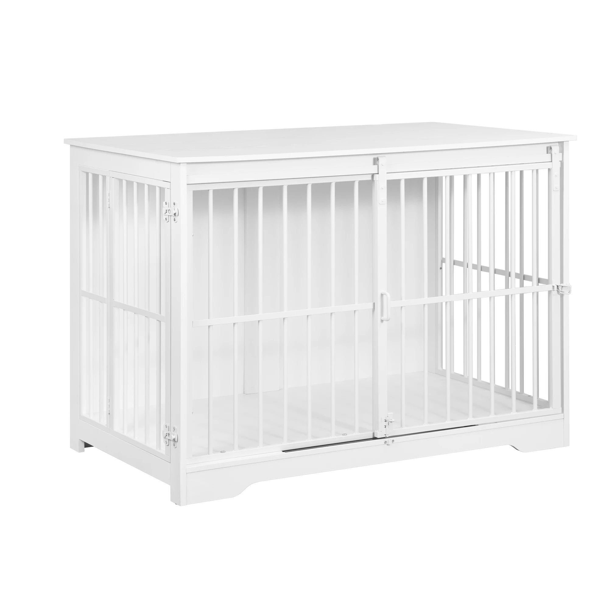 Hondenkooi meubel, 110 cm hondenbench, 2 deuren, moderne binnenhondenkooi voor honden tot 100 kg, versterkte schuifdeur, wit