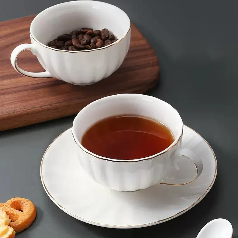 White Ceramic Gold Rimmed Coffee Cup And Saucer 180ml Latte Cup Delicate Afternoon Tea Drinkware Breakfast Cup Snack Plate - view 6