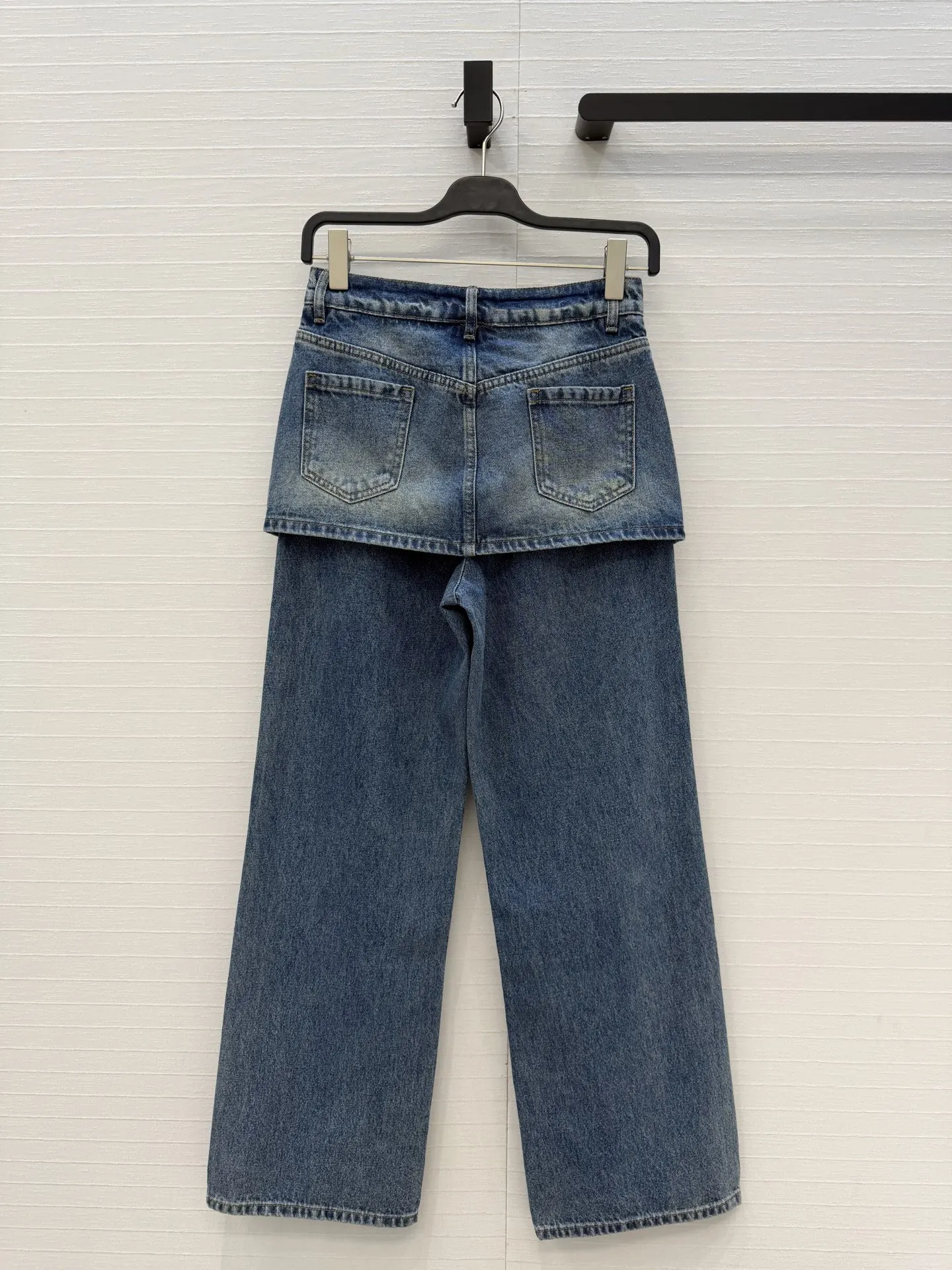 

Newest Spring/Summer Fashionista Outfit: Badge Print Faux Two-Piece Denim Pants Skirt Patchwork Straight Leg Pants