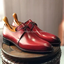 Burgundy Youth Business Formal Derby Shoes Lace Up Breathable Genuine Leather Men's Shoes Trendy Handmade Dress Wedding Shoes