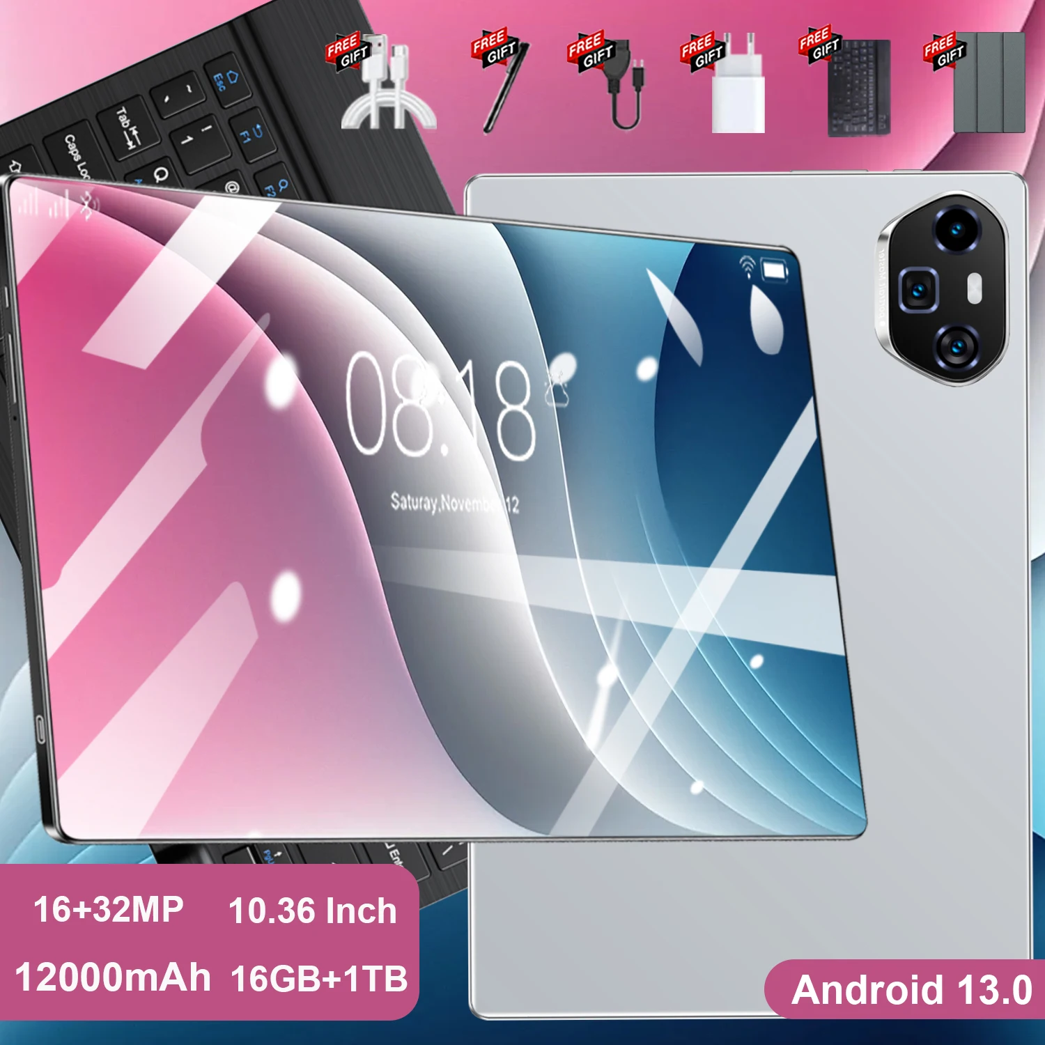 Tablette Android 13 moderne de 10,36 pouces, unité de traitement à 10 cœurs, 16 Go de RAM, 1 To de stockage, batterie longue durée de 12000 mAh, double SIM 5G et Wi-Fi, appareils photo 16MP+32MP pour diverses activités multimédias