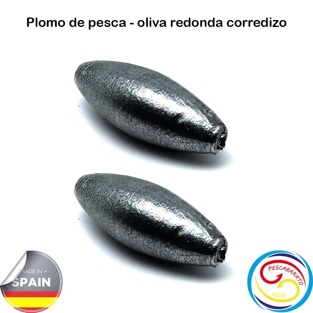Plomo Oliva redonda corredizo para surfcasting. Medidas: 5g, 10g, 15g, 20g, 30g, 40g, 60g, 80g, 100g, 125g y 150g. venta por lotes.