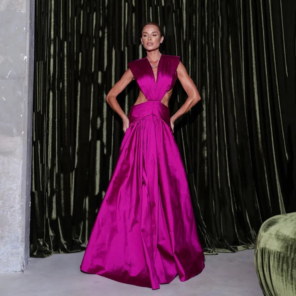 

Msikoods Hot Pink Prom Dresses Satin Cut Out Waist Deep V Neck Long Evening Gown Formal Dress Wedding Guest Dress Customized