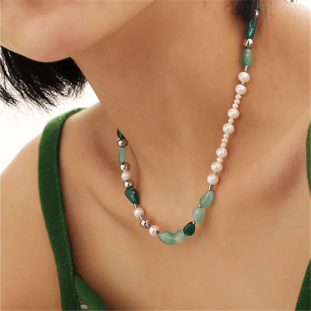 Natural Green Stone Pearl Beads Stitching Women Necklace Personality Clavicle Chain Ins Niche Design Female Fashion Jewelry Gift