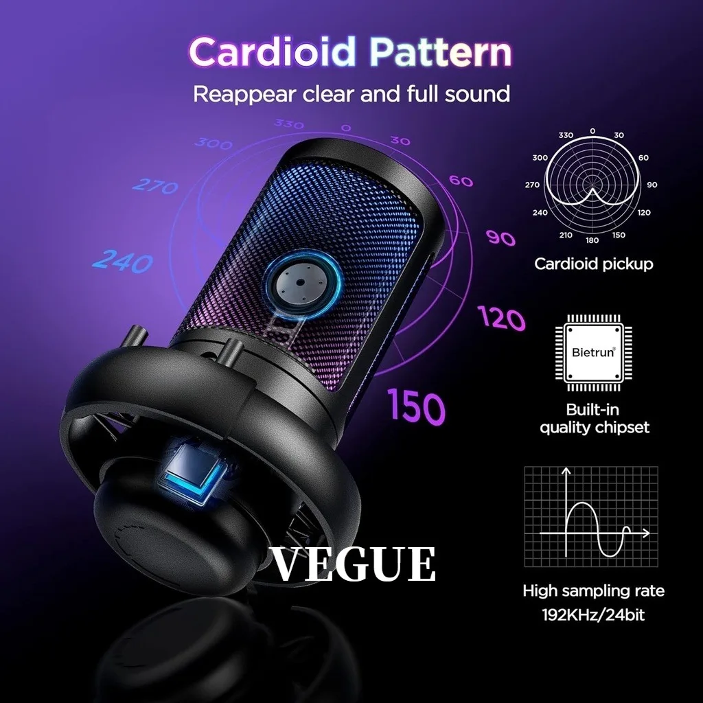 Microfone condensador USB profissional para jogos de PC, PS4/PS5/Mac/telefones celulares, com iluminação RGB legal, perfeito para gravação, l